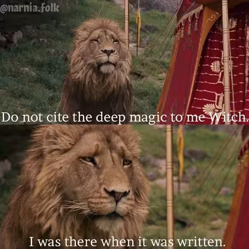 Two panel meme from narnia where the lion says: "Do not cite the deep magic to me Witch.
I was there when it was written." Two panel meme from narnia where the lion says: "Do not cite the deep magic to me Witch.
I was there when it was written."