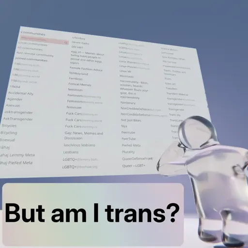 A figure, pondering, stands in front of a billboard with around 40 subscribed trans-related threadiverse communities. Captioned "But am I trans?"