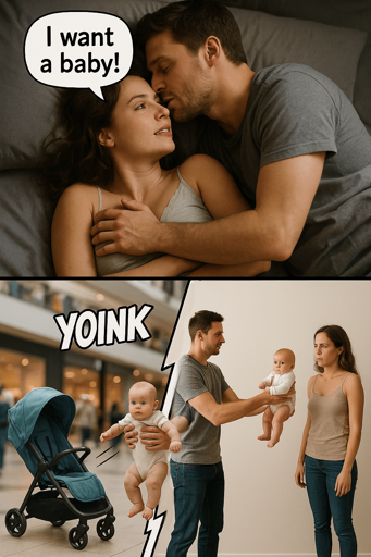Laying in bed, a woman says to her man "I want a baby". Yoink: A baby is then seen being pulled from their stroller in a public place. Finally, the man presents the baby to his confused and somewhat angry partner.