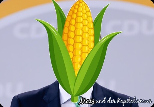 Ein Maiskolben als Kopf eines Politikers. Unten rechts der Text: Mais und der Kapitalismus