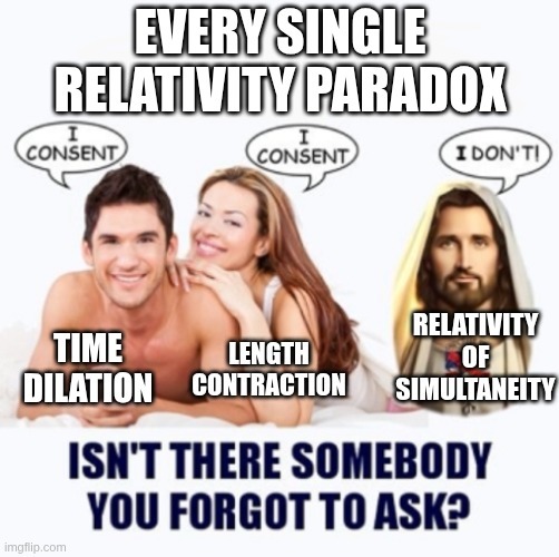 The myth of consensual sex -- er, special relativity paradoxes. Time dilation: I consent! Length contraction: I consent! Relativity of Simultaneity: I don't! Isn't there somebody you forgot to ask?